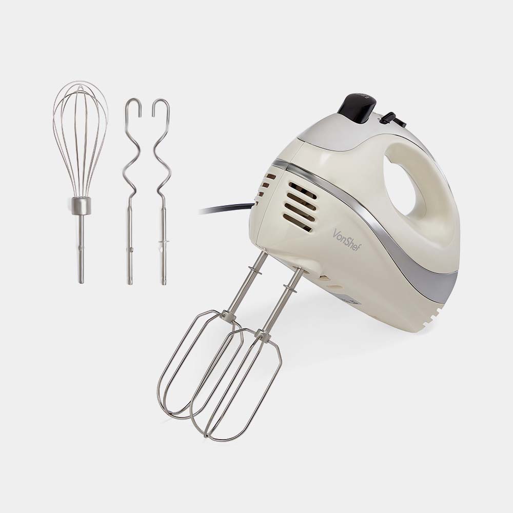 VonShef 5-Speed Hand Mixer - Electric 250W Hand-held Mixer with Turbo Boost  Button & Stainless Steel Accessories (Chrome Beater, Dough Hook & Balloon  Whisk) for…