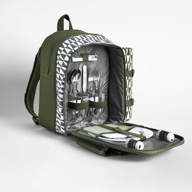 Camping Set Pique-nique 2 Personnes Sac Ronde Portable avec Couverts,Verre,  Bouteilles de Poivre,Ouvre-bouteille - vert, 26cm x 26cm x 8cm